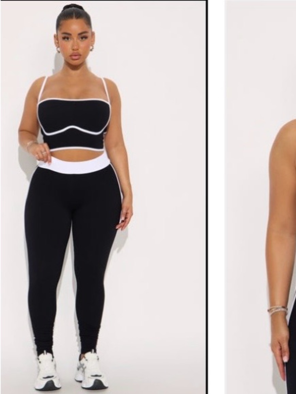 2pc Black High-Waist Leggings w/ White Contrast Waistband w/Black and white top